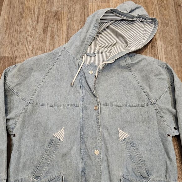 Vtg Stefano Denim Jacket Womens L Blue Chambray Coastal Boho Full Zip Hooded - Picture 2 of 8